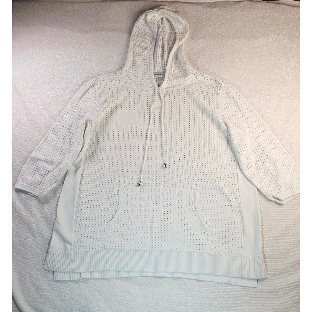 Christopher & Banks Womens White Pointelle Knit Hoodie Sweater Kangaroo Pocket